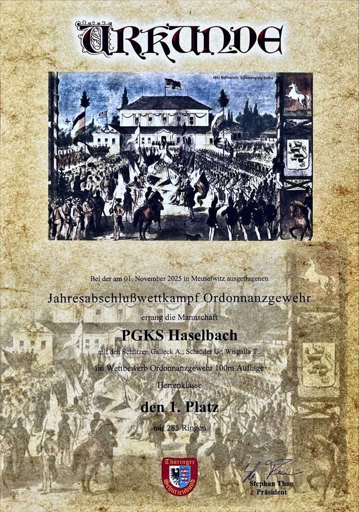 Jahresabschlusswettkampf Ordonnanzgewehr Auflage - Urkunde Mannschaft